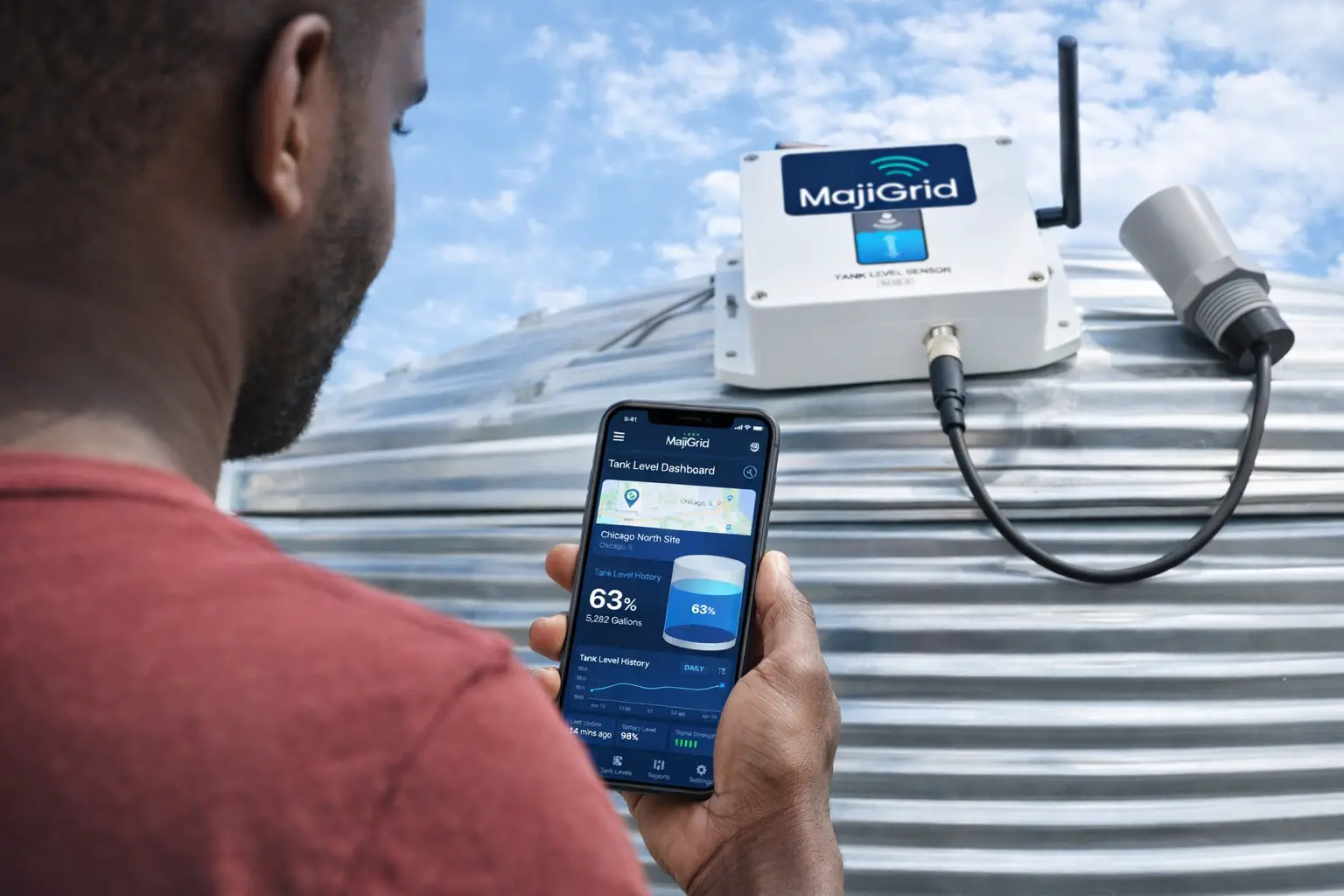 MajiGrid sensor node installed on a modern water tank